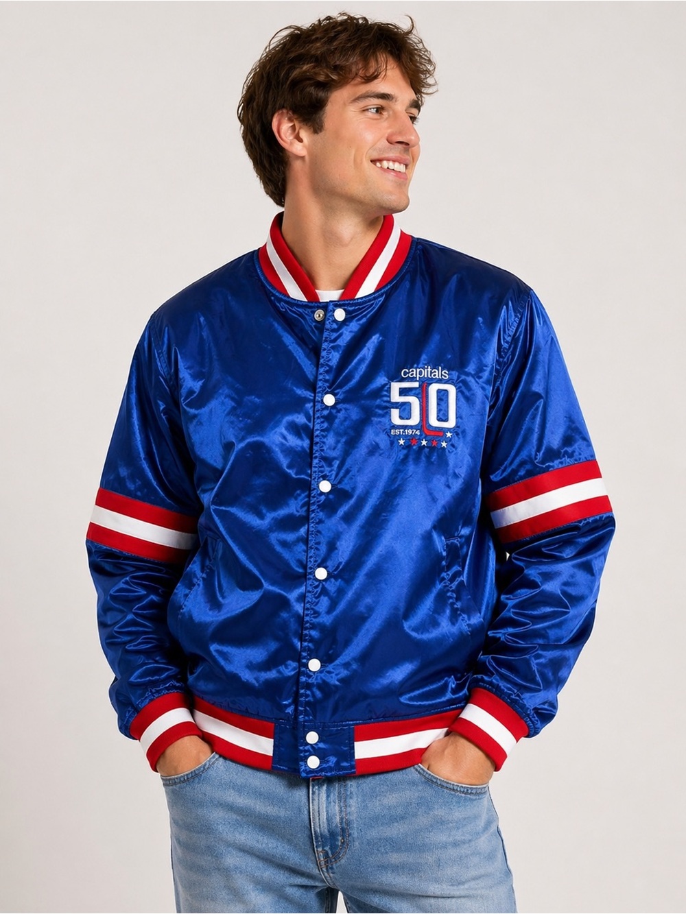 Washington Capitals 50th Anniversary Satin Bomber Jacket Blue Red Size S NHL